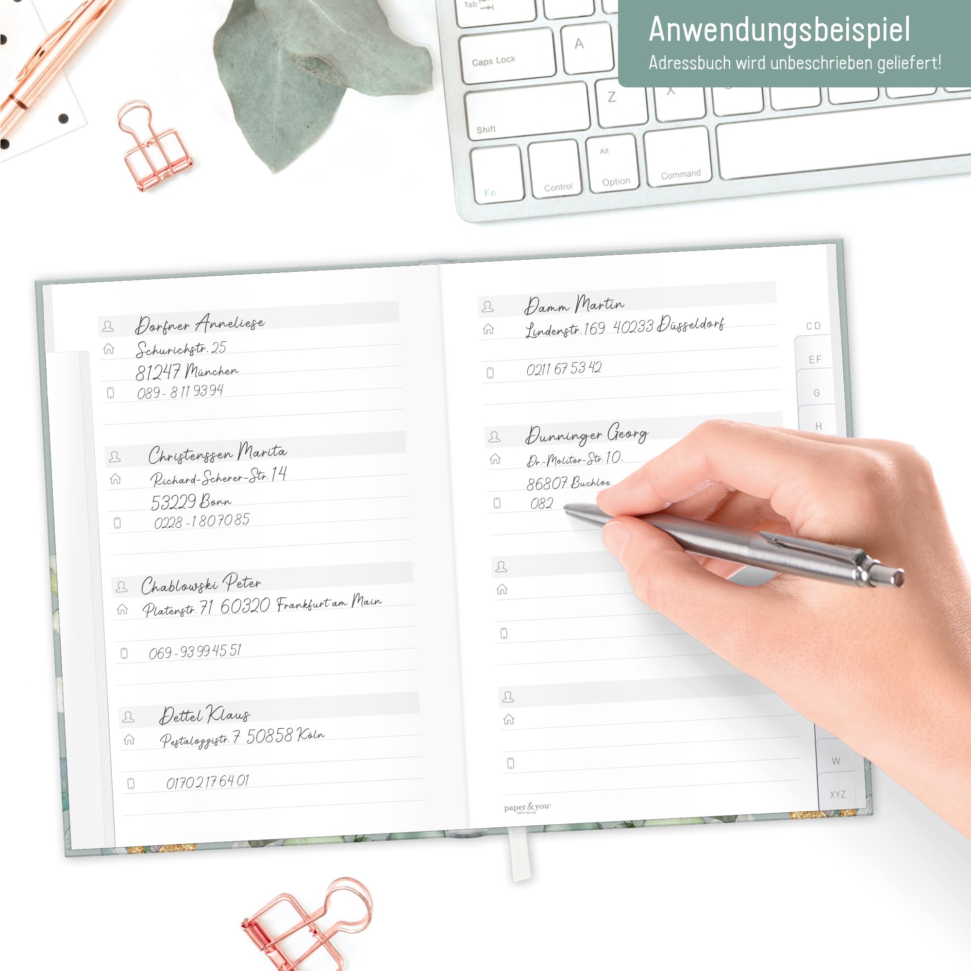 Książka adresowa paper&you® A6+ z indeksem A-Z papierem premium 120 g/m² "Minty Leaves" na kontakty, daty urodzin i hasła - zrównoważona & przyjazna dla klimatu