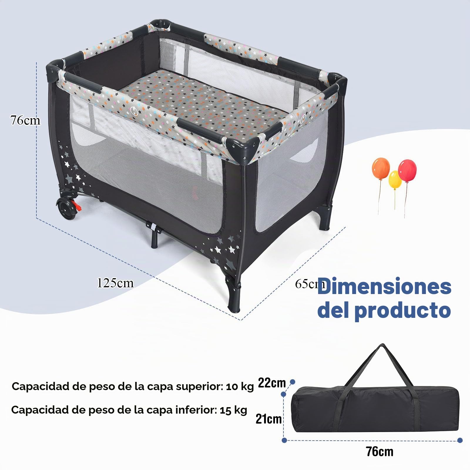 LIFEZEAL Cuna de Bebé Plegable 3-1, Parque y Cuna de Viaje, Cuna Portátil con Moisés Desmontable, Ruedas, Malla Transpirable y Bolsa, Moisés para Niños hasta 3 Años (Gris)
