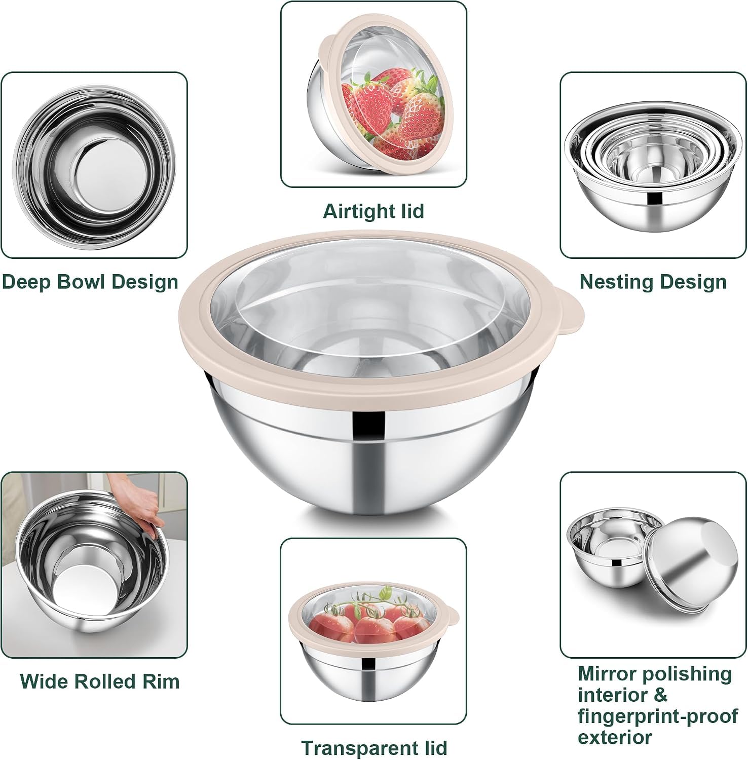 Joyfair Cuencos para mezclar, 5 cuencos de ensalada anidables de acero inoxidable con tapas transparentes herméticas, juego de cuencos de metal ideal para cocina, mezclar, hornear, servir, almacenar y