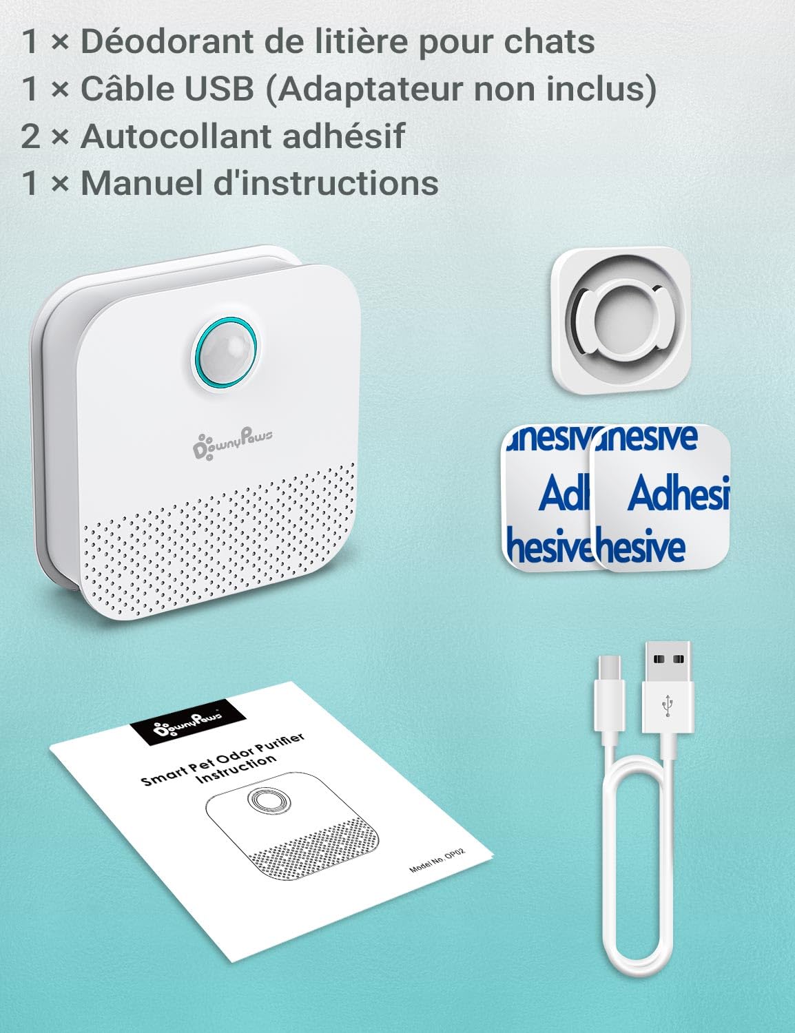DownyPaws Éliminateur d'Odeurs pour Litière Chat, Désodorisant Tous Types de Bac avec Batterie Rechargeable 14 Jours