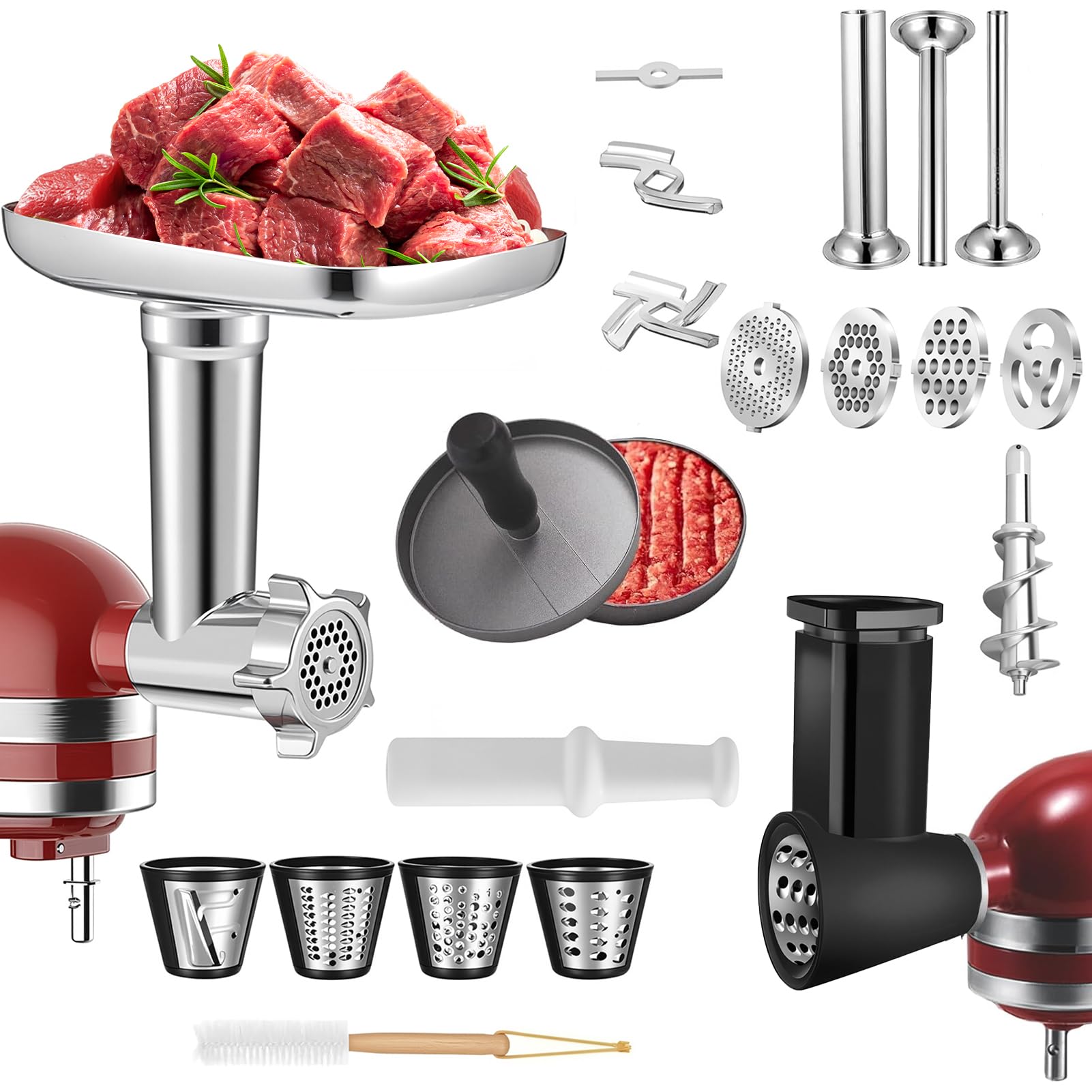 Picadora de carne y cepilladora para trituradora de papel para batidora KitchenAid, batidora de accesorios Kitchenaid con 3 cuernos de relleno de salchichas, 3 cuchillas, 4 accesorios para muñecas de