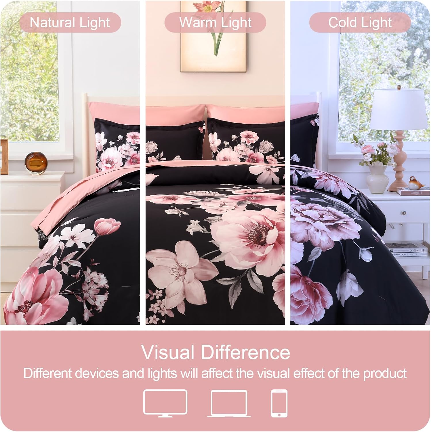 Floral King Size Comforter Set - 7 Piece Botanical Black and Pink Bed in a Bag Ulter Soft Microfiber Bedding Set, Lightweight Bed Comforter Set with Sheets for All Season (Black, King) - Image 5