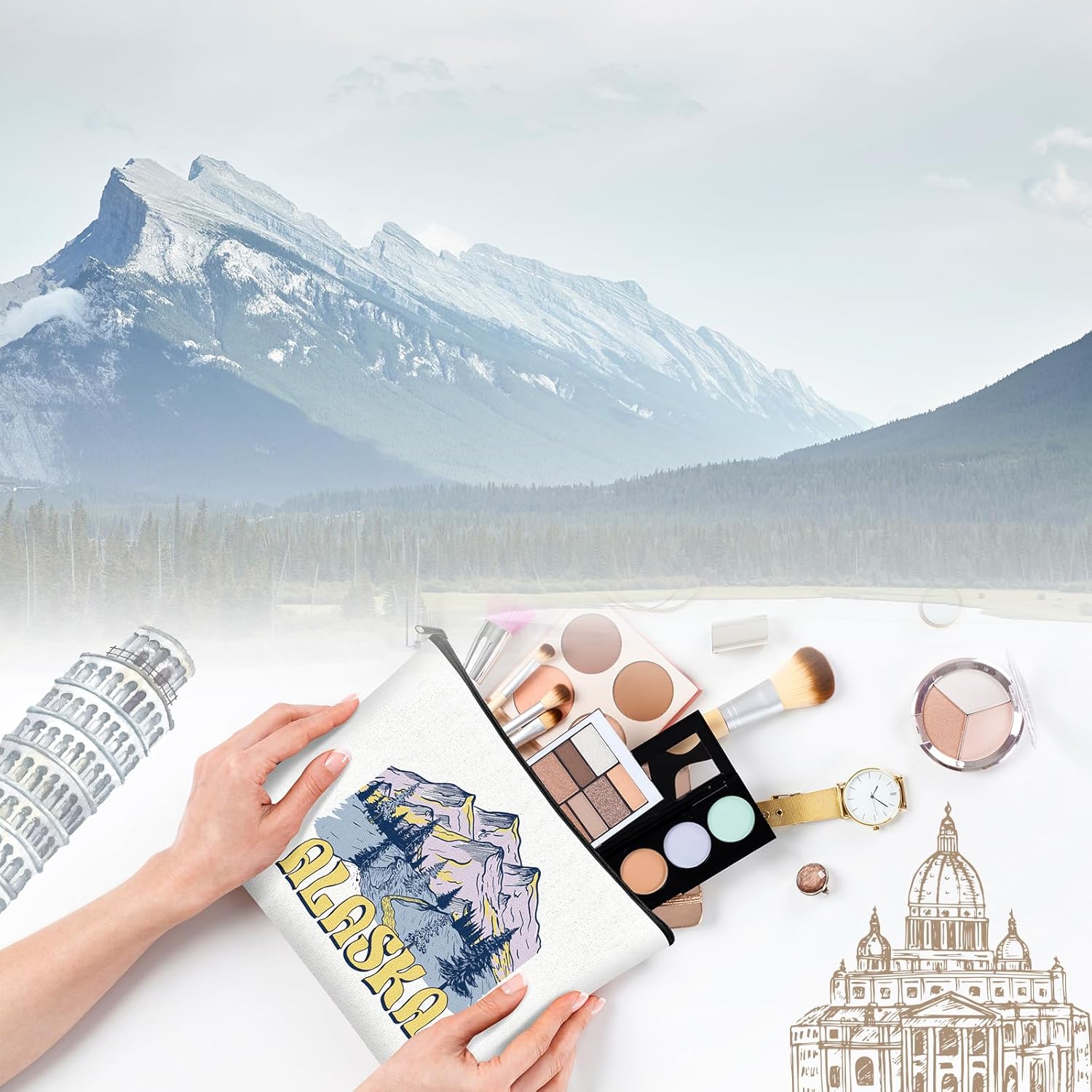 9 Pcs Alaska Cosmetic Bag New York Souvenir Zipper Pouch Los Angeles Souvenir Gifts Italy Paris Broadway Alaska Makeup Purse for Girls Women Traveler Birthday Party Favors - Image 4