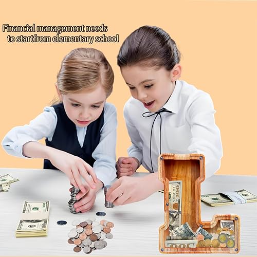 Miniatura 56 de Alcancía grande para niños y niñas, alcancía de madera personalizada con diseño recortado, bancos de monedas de letras del alfabeto, caja de ahorro