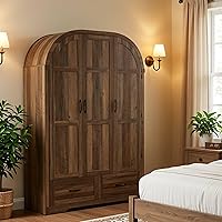 Squireewo 71" Farmhouse Arched 3-Door Wooden Armoire Wardrobe with Mirror, Lights & 2 Drawers - Rustic Oak Bedroom Storage Cabinet