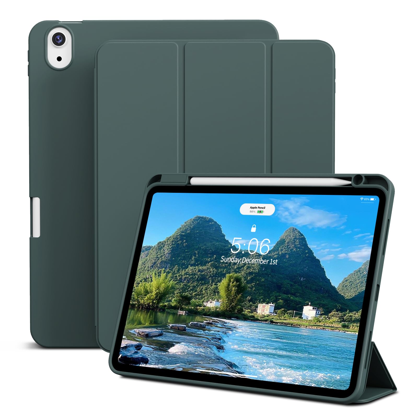 GKABXY Hülle für iPad Air 11 Zoll M4/M3/M2 (2026/2025/2024), Air 5./4. Generation 2022/2020 10,9 Zoll, Weich TPU Rückseite mit Stifthalte, Unterstützt Pencil Pro/USB-C, Auto Schlafen/Wachen, Nachtgrün