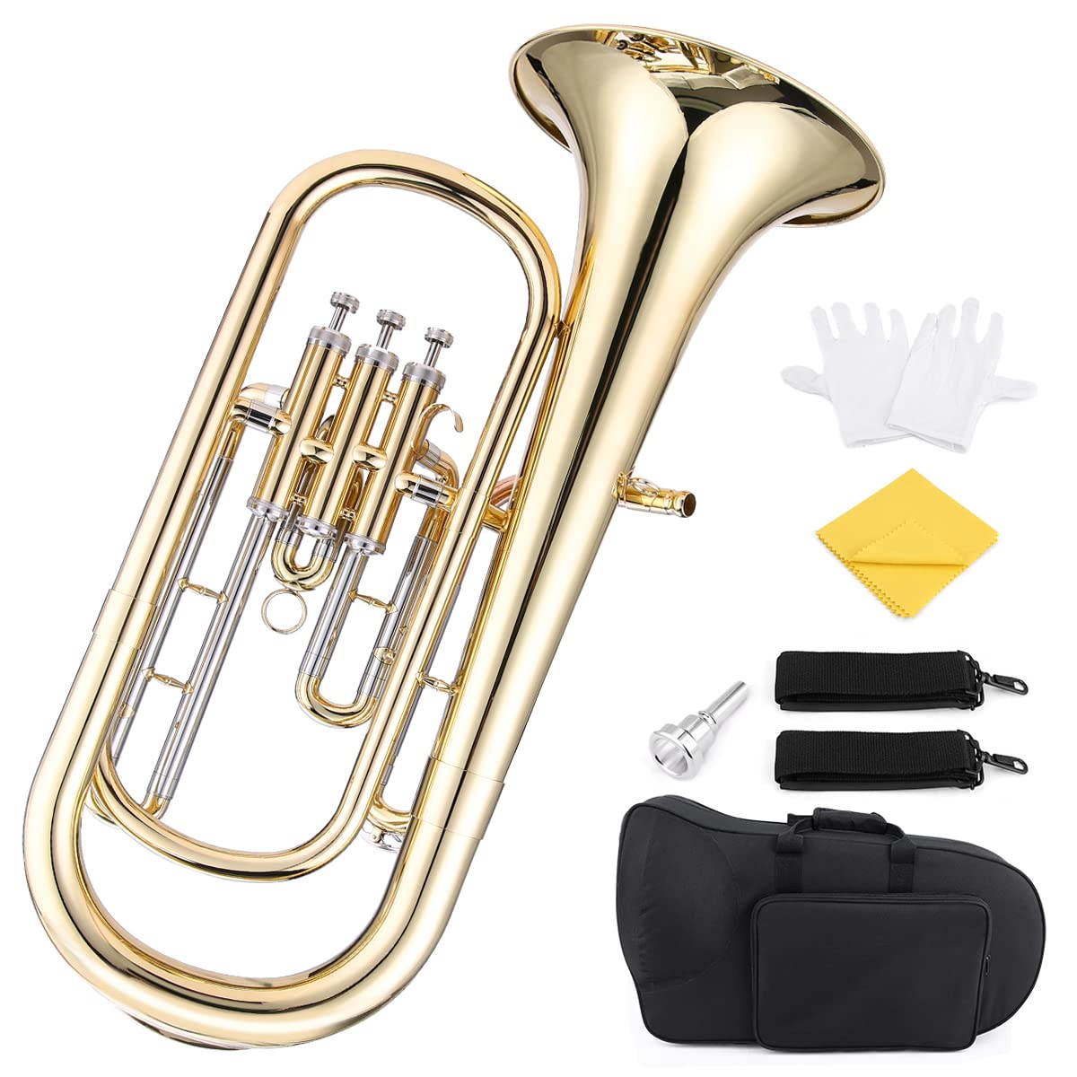 Btuty Barytonhorn Bb Brass Style Piston Goldlac-k Surface Instrument à vent avec gants, chiffon de nettoyage pour débutants