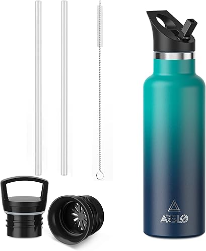 Arslo Botellas de agua de acero inoxidable aisladas, botella deportiva de doble pared con tapa y pajilla, a prueba de sudor, sin BPA para mantener
