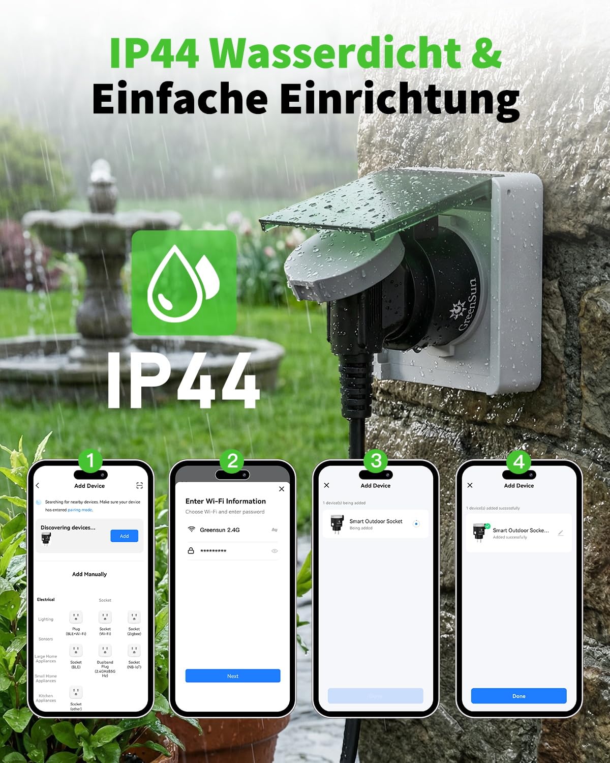 GreenSun WLAN Steckdose Outdoor - Zeitschaltuhr Aussenbereich Tuya Smart Life APP Fernbedienung WiFi Steckdose Strommessung IP44 Wasserdicht Sprachsteuerung mit Alexa/Google Home 16A 3680W