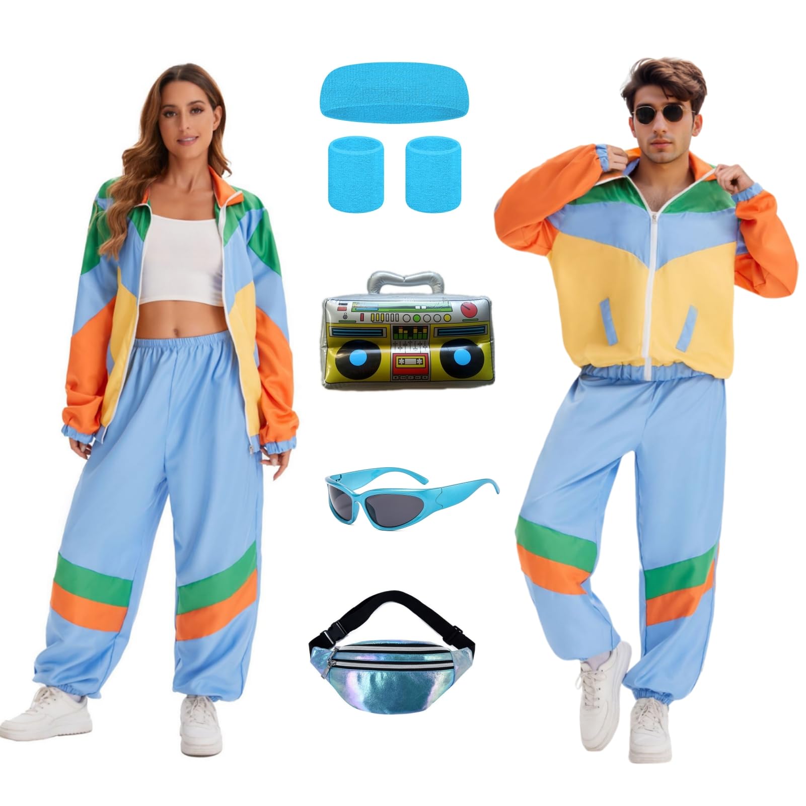 Conjunto deportivo unisex de los años 80 de los años 90 para hombres y mujeres, estilo hip hop, cortavientos, vintage, ropa deportiva, conjunto de 8 piezas