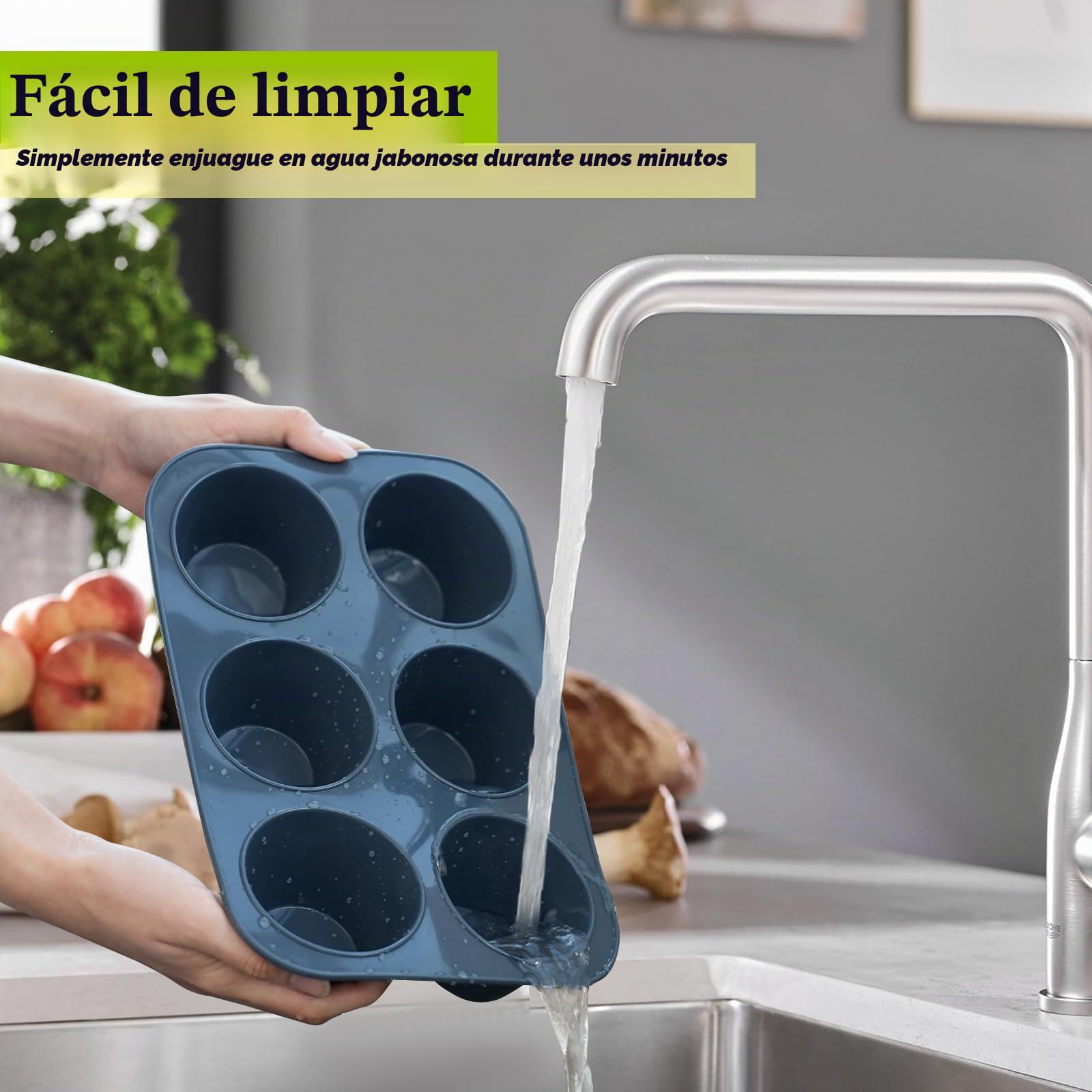 SUPER KITCHEN Grande Molde de Silicona para 6 Magdalenas, Bandejas para Hornear Muffin con Recubrimiento Antiadherente para Muffins, Cupcake, Brownie, Pudín 27,8 x 19 x 5 cm (Gris)