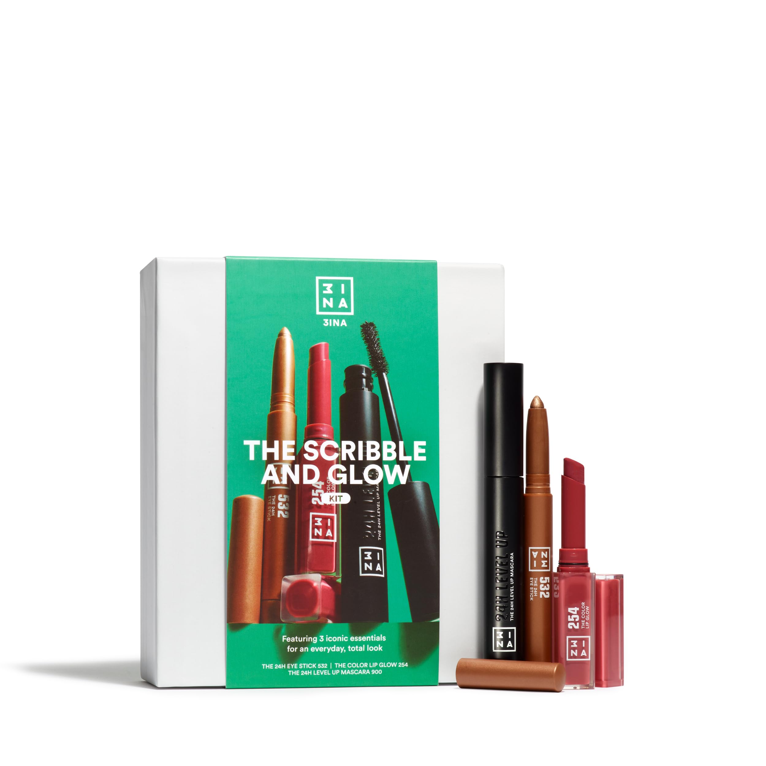 3INA MAKEUP - The Scribble and Glow Kit - Makeup Gift Set - Bronze Eyeshadow Stick + Pink Glossy Lipstick + Black Mascara