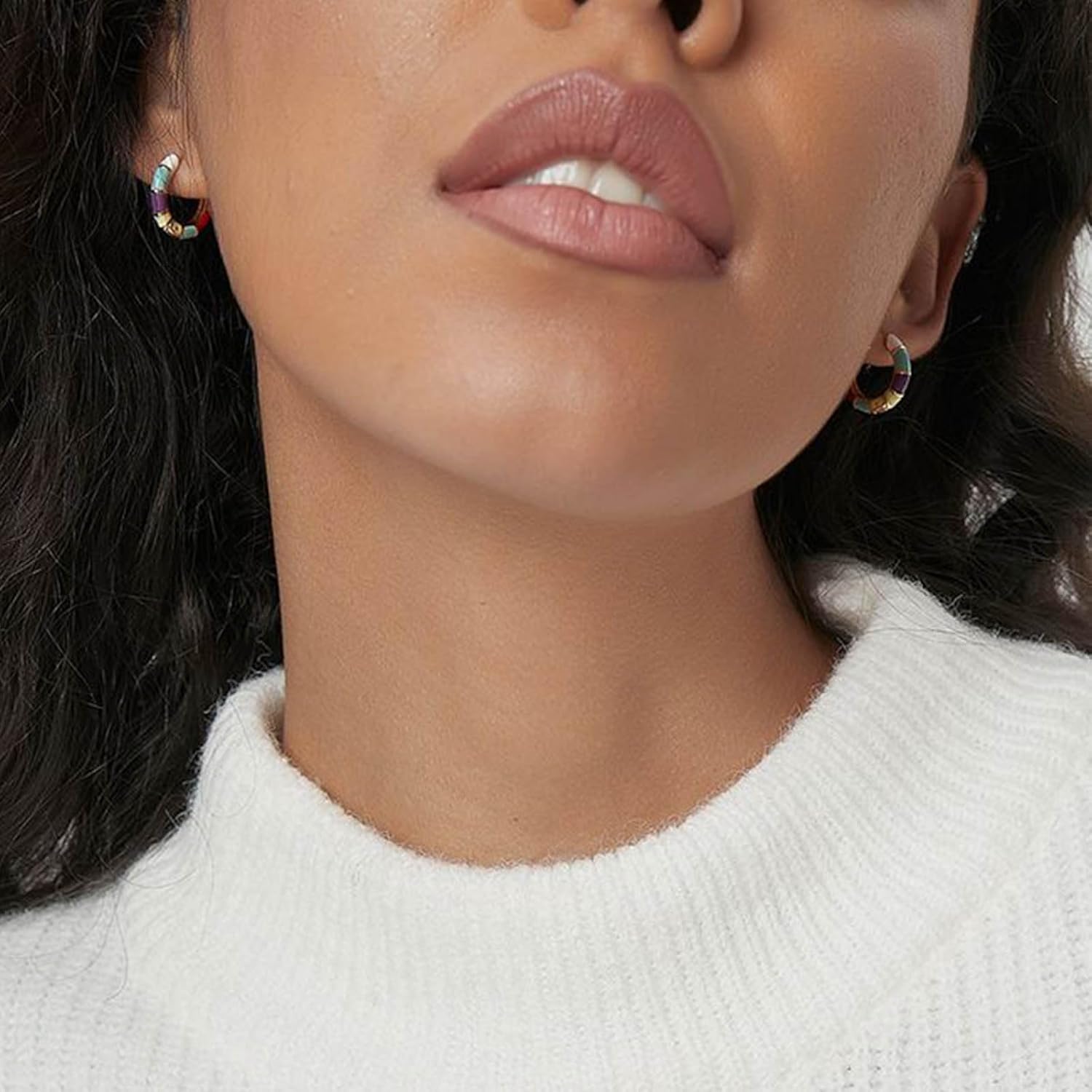 Vintage Colorful Enamel Hoop Huggie Earrings Gold Enamel Hoop Earrings Rainbow Resin Acrylic Earring Thin Tiny Circle Earring Jewelry for Women - Image 6