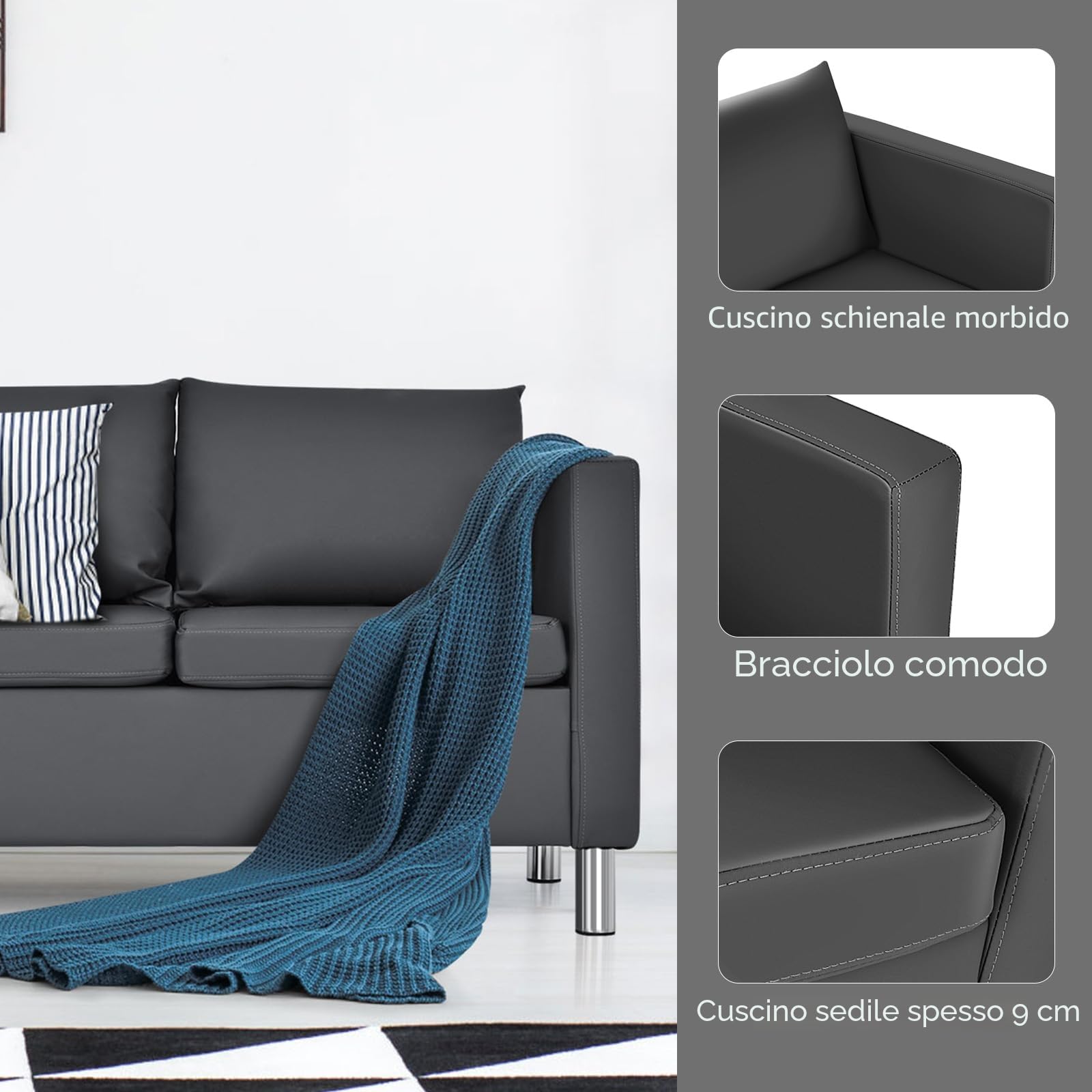 HOMASIS Divano a 2 posti, con cuscino per schienale e seduta rimovibili, con piedini in metallo, divano lounge per soggiorno e ufficio, 120 x 60 x 62,5 cm, grigio