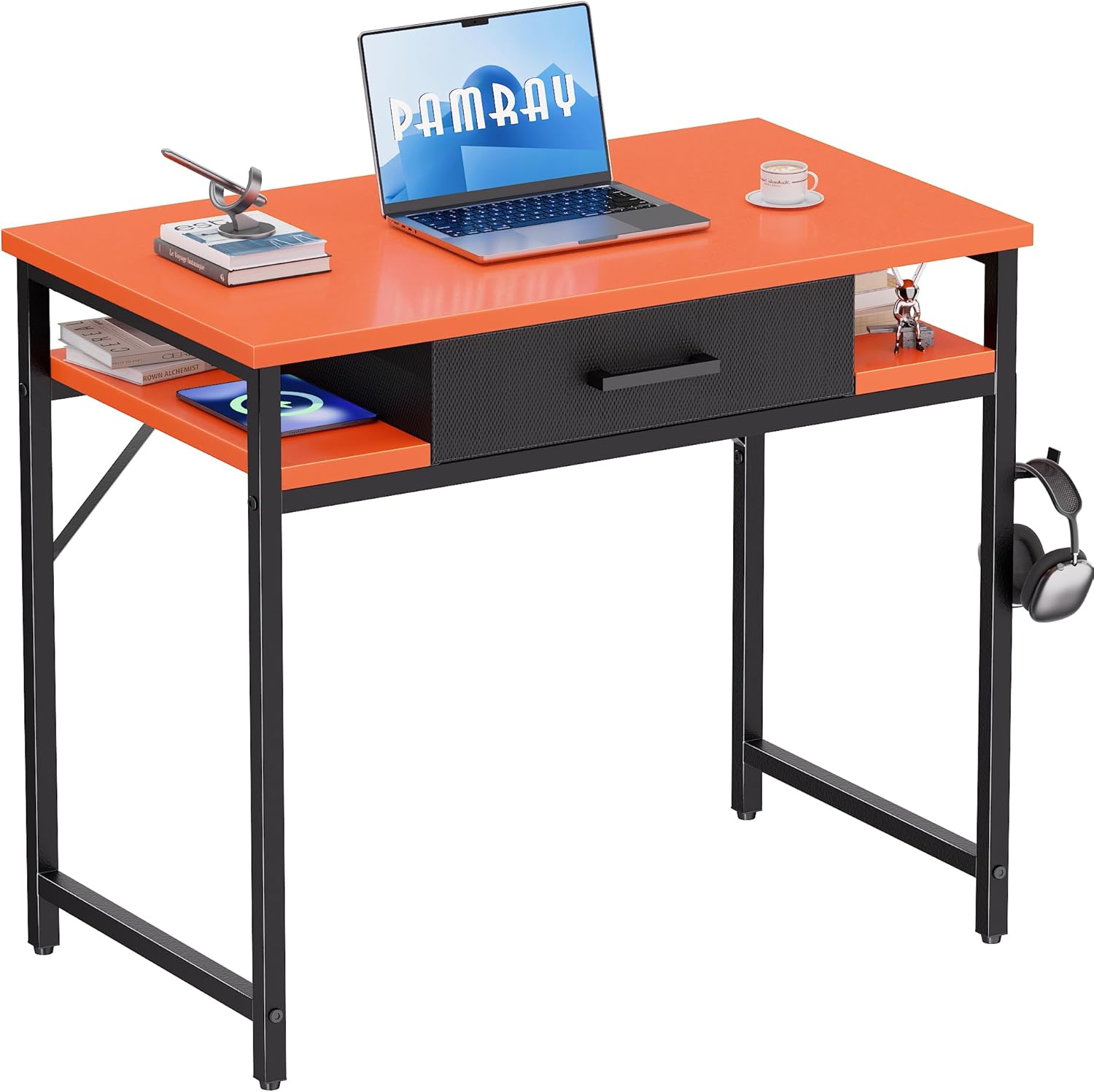 Pamray 32 Inch Small Computer Desk with Drawer and Shelves Simple Study Work Table for Bedroom Orange