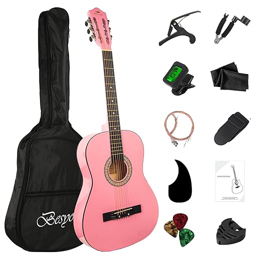 38in Beginner Acoustic Guitar Basic Starter Kit Tuner Bag Capo Strings Winders Strap Picks Student/Kids Guitar Pickguard with Gig Bag Pink