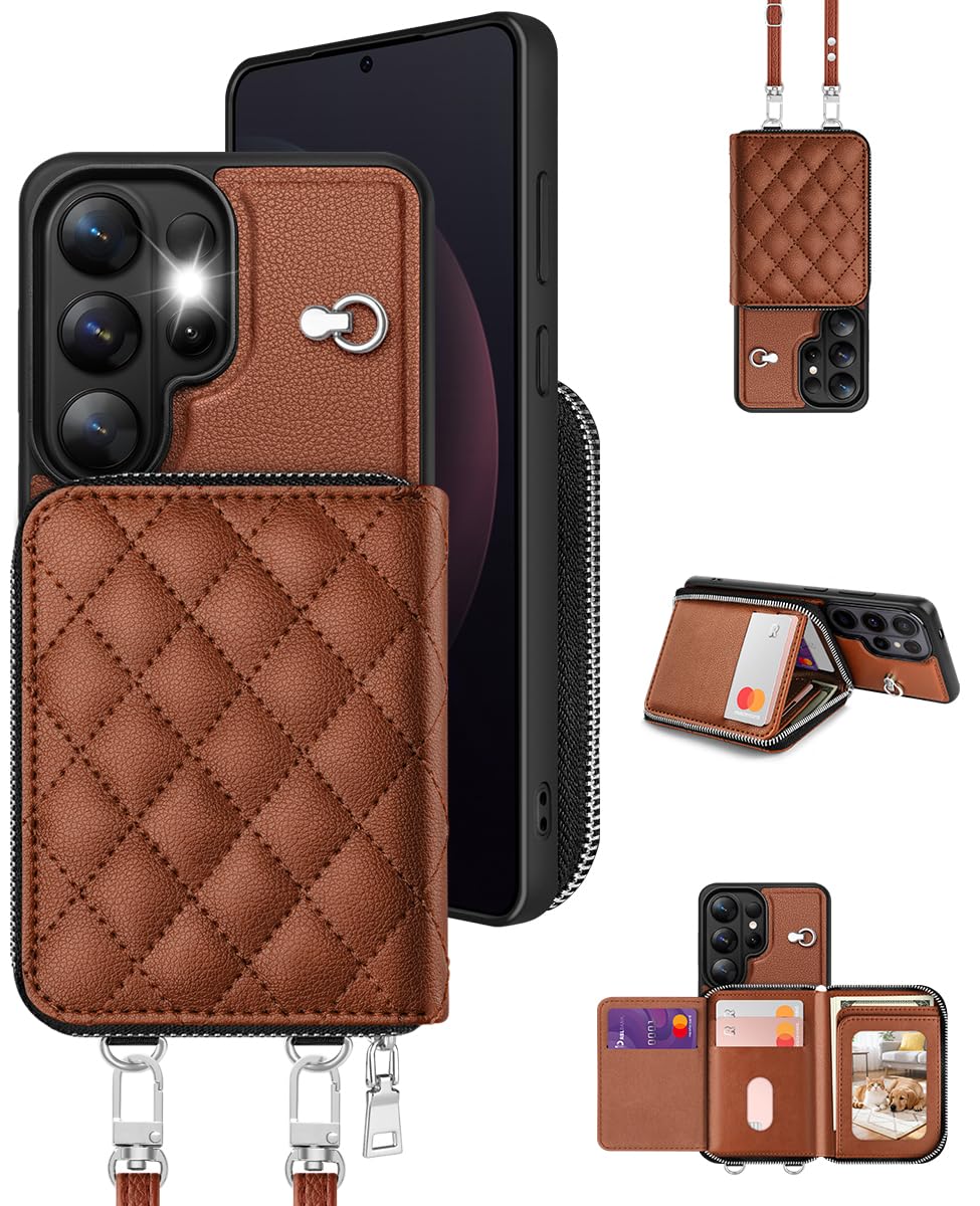 OCASE Handyhülle für Samsung Galaxy S26 Ultra Hülle mit Band Abnehmbar Kartenfach Geldbörse,Leder Klapphülle Umhängetasche Handytasche RFID-Blockierung PU-Leder Reißverschluss Mit Lanyard Braun