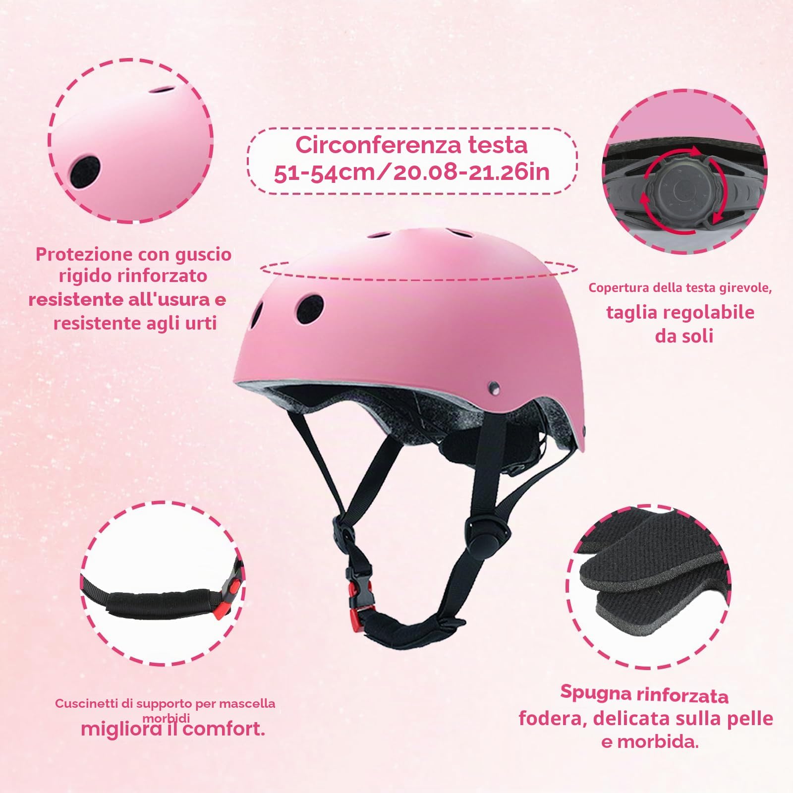 Set di Protezioni per Bambini, Set di Casco Protezione Bambini, traspirante e regolabile, set di ginocchiere per bambini per bicicletta, skateboard, scooter (rosa)