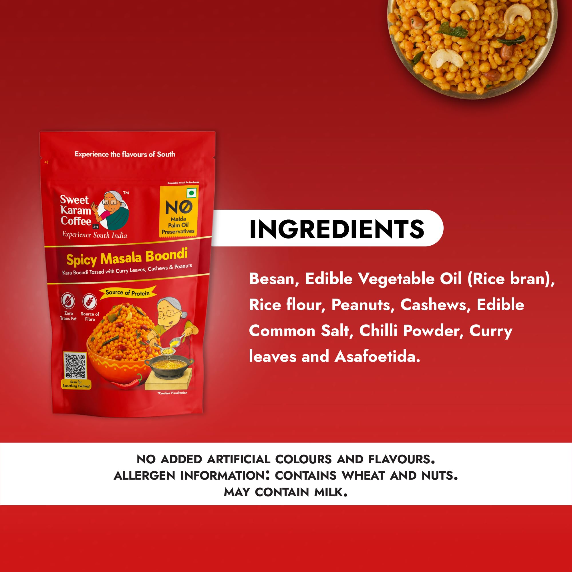 Sweet Karam Coffee Spicy Masala Boondi - 150g | Crispy Snack with Cashews & Peanuts | No Palm Oil, Maida & Preservatives | Traditional South Indian Kara Boondi Namkeen | Authentic Homemade Taste 1