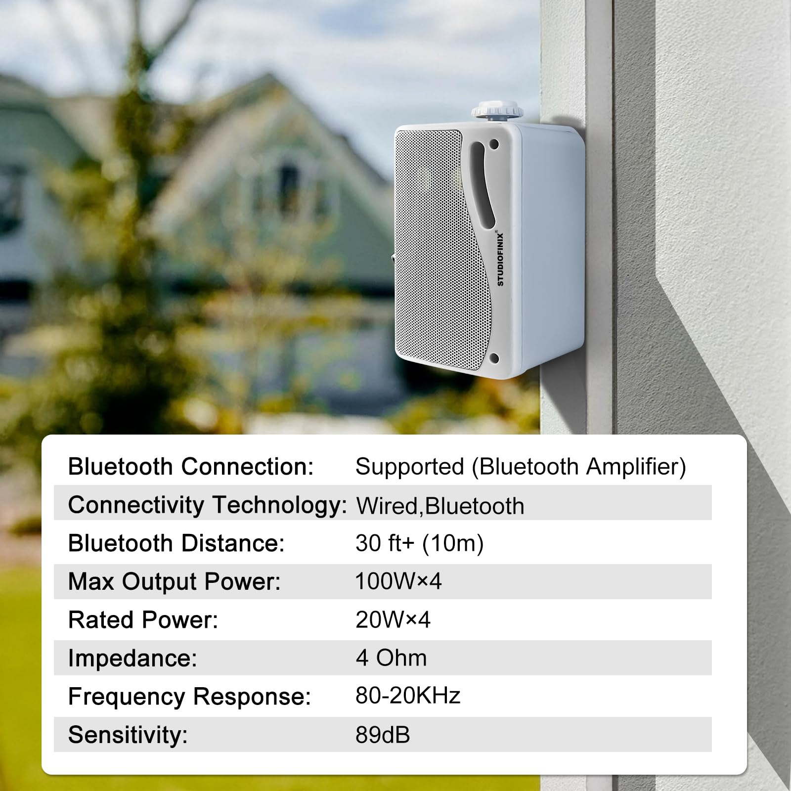 STUDIOFINIX Lot de 2 paires d'enceintes Bluetooth filaires étanches de 8,9 cm - 400 W - Support mural de qualité supérieure - Système sonore puissant et durable pour terrasse, intérieur, garage (blanc