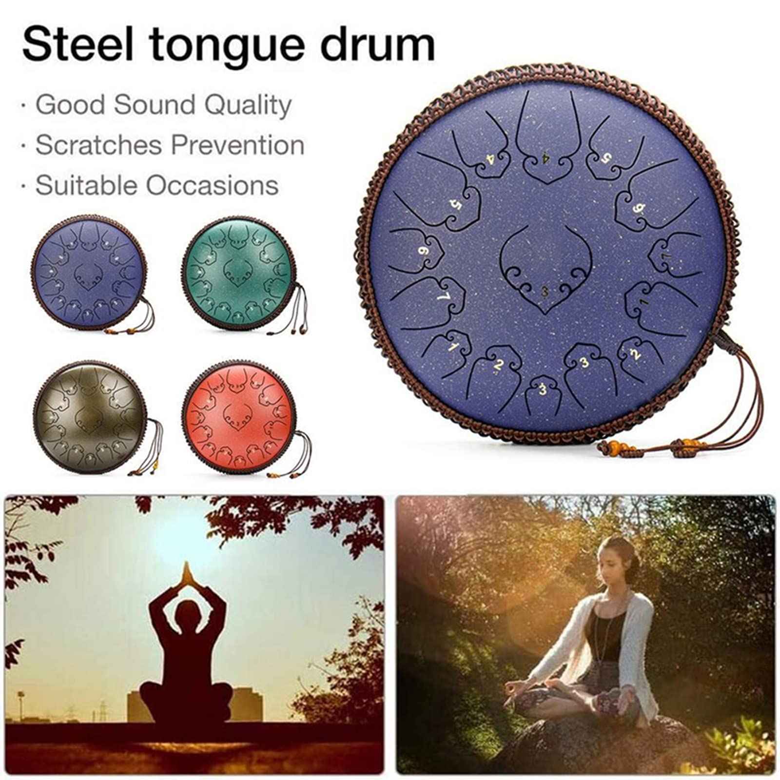 Tambor De Lengüetas, Handpan De Acero 14 Pulgadas 15 Notas C Chiave Tambores De Hendidura Tongue Drum Instrumento De Percusión con Baquetas Y Bolsa para Yoga,Meditación