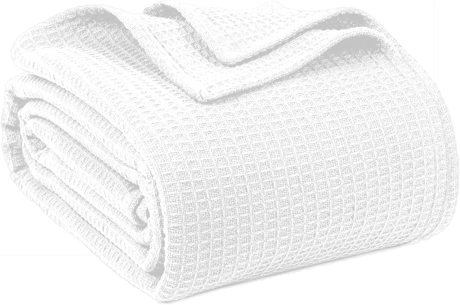 100% Cotton Blankets Queen Size for Bed – Waffle Weave Blankets for Summer, Lightweight and Breathable Soft Woven Blanket for Spring, (White, Queen (90″ x 90″))