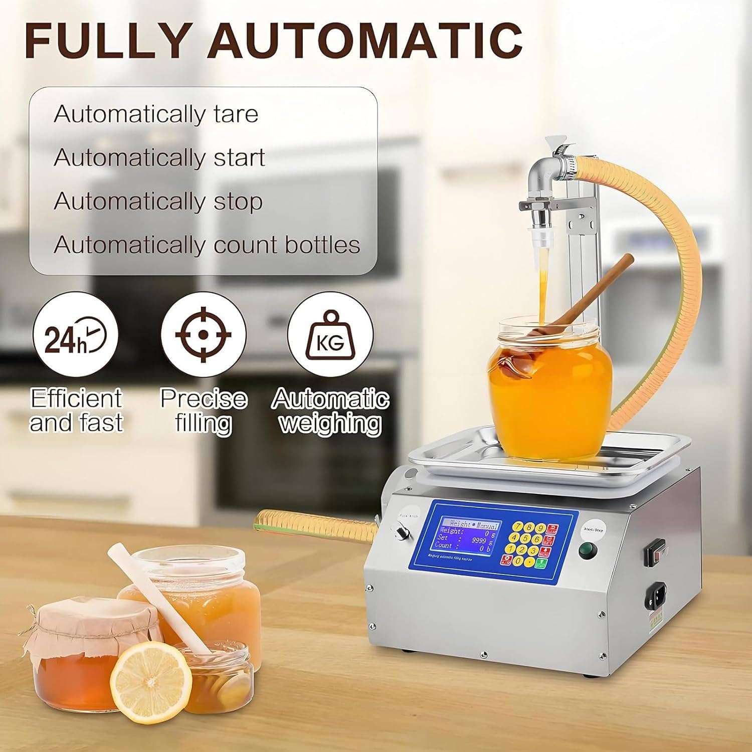 Riempitrice di liquidi per liquidi viscosi, controllo digitale, tara automatica, antigoccia, acciaio inossidabile, riempimento preciso per miele, olio, marmellata fino a 10 kg
