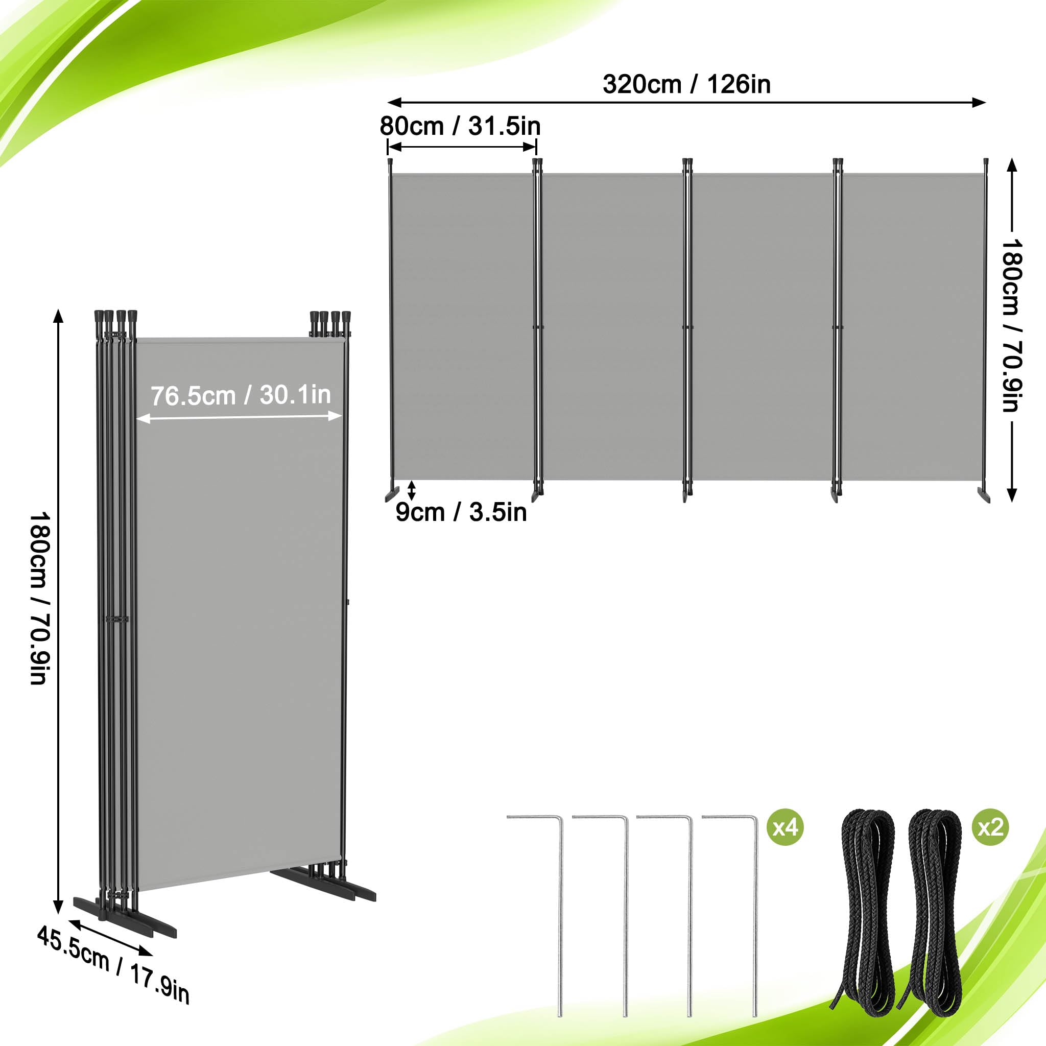 UISEBRT Paravent d'extérieur résistant aux intempéries, avec piquets et tendeurs, pliable, cloison autoportante, sans perçage, brise-vue mobile, pour jardin, balcon, terrasse, 4 pièces, 320 x 180 cm