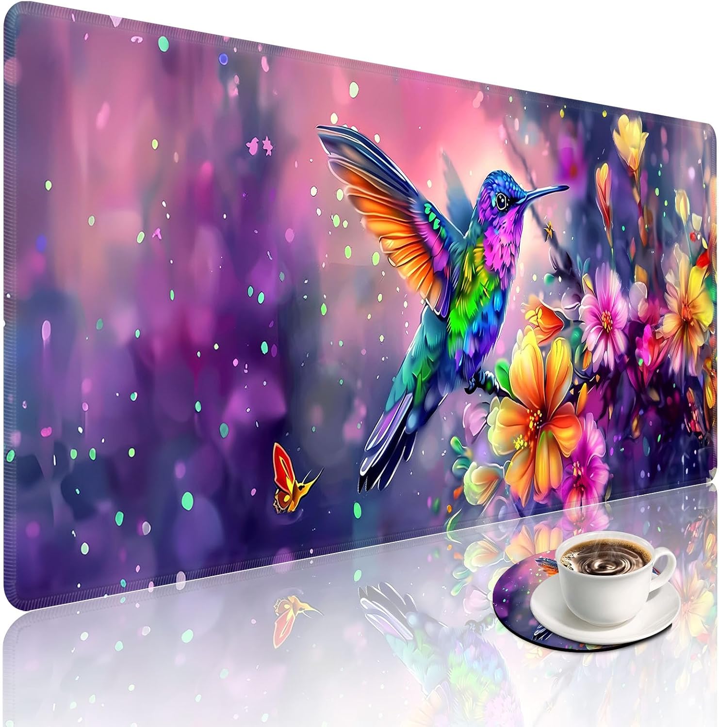 Large Desk Mat with Stitched Edges, Colorful Cute Hummingbird Office Desk Pad, Anime Gaming Mouse Pad, Extended Keyboard and Mouse Mat,31.5x11.8 inch Waterproof Desk Writing Pad for Office and Home