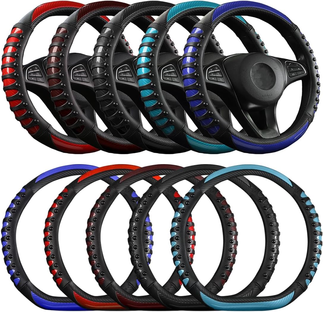 Cobear Microfiber Leather & Carbon Fiber Steering Wheel Cover, 3D Auto Steering Wheel Covers Accessories for Men Women, 14 1/2 inch to 15 inch, Black, O-Type