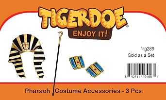 Tigerdoe Egyptian Costume - 3 Pc Set - Pharaoh Hat, Cuffs, Cobra King Cane - Pharaoh Costume