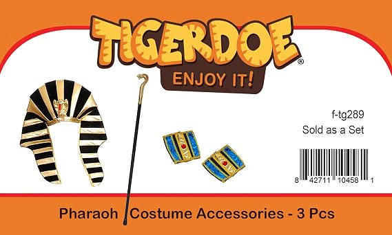 Tigerdoe Egyptian Costume - 3 Pc Set - Pharaoh Hat, Cuffs, Cobra King Cane - Pharaoh Costume
