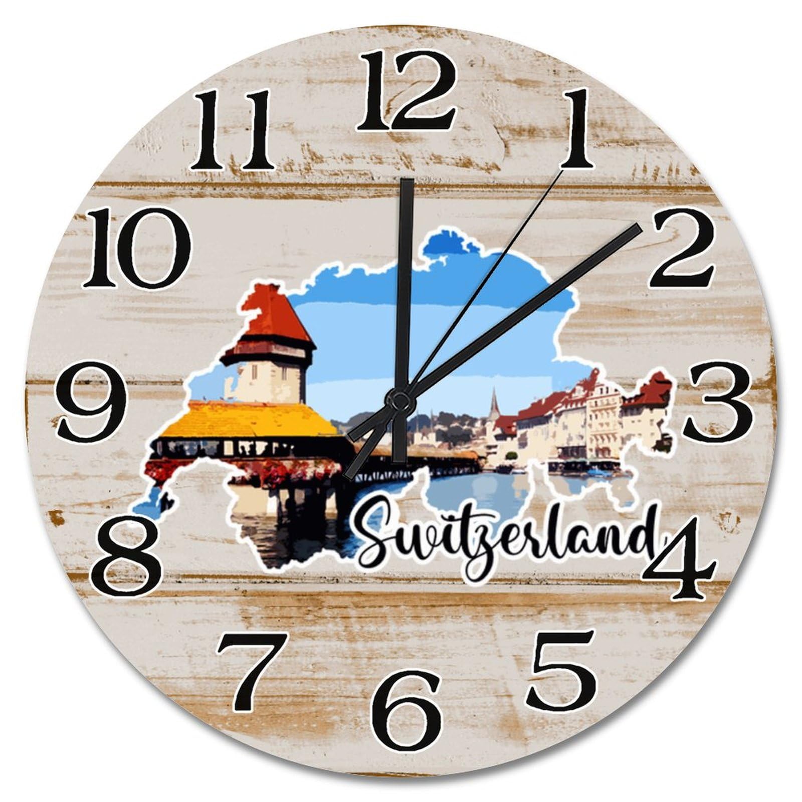Grande horloge murale en bois 38 cm carte de la Suisse silencieuse sans tic-tac pour chambre