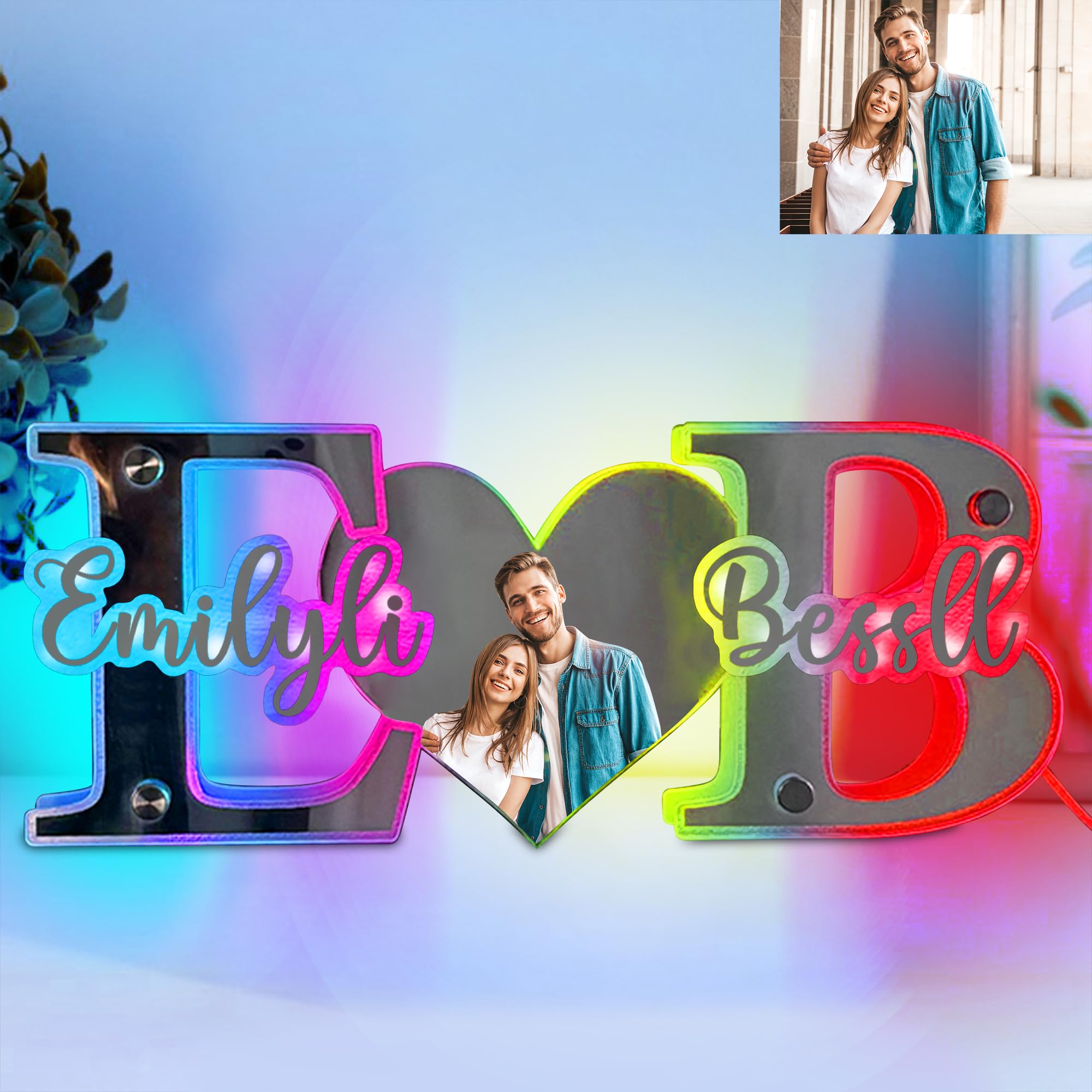 ASD Jewerly Personalized Letter Heart Photo Mirror Light for couple,Custom LED Light Up Heart Letter Initials Mirror Lamp, Heart Letter LED Neon Night Light Gifts for Women Valentine's Day