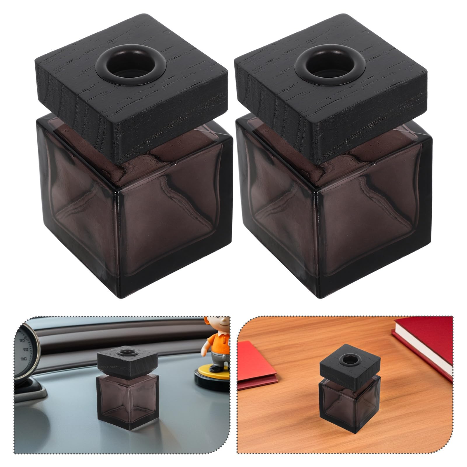jojofuny Flaconi Diffusori in Vetro Quadrati da 100 Ml con Coperchio in Legno Set da 2 per Oli Essenziali Diffusore di Fragranze Ricaricabile per Casa Auto e Camera da Letto Accessori