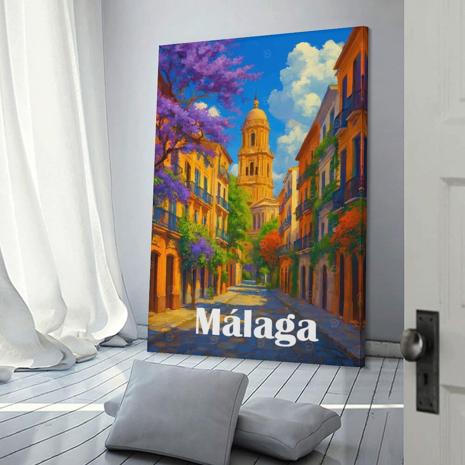 Junmoney Frame-Style-5 Room Decor Wall Art Malaga Street View Painting, 12X18inch(30X45cm), For Workspace Walls, Study Corners Or Bedrooms, A Smart Decor Choice For Study Walls