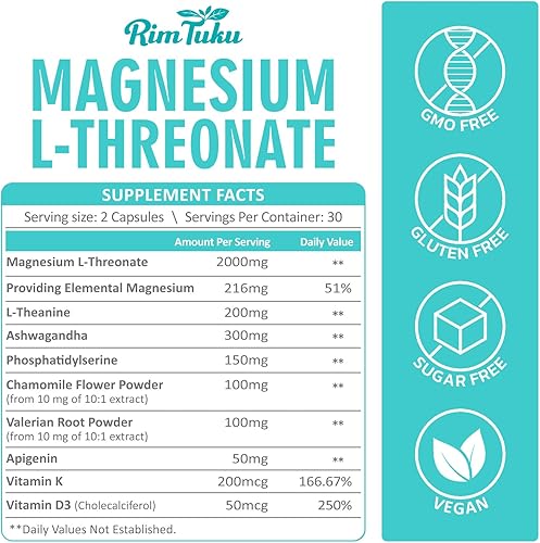Miniatura 3 de L-treonato de magnesio 2000 mg  Suplemento 10 en 1 para la salud cerebral y apoyo cognitivo  Cápsulas de treonato de magnesio de alta absorción, 120