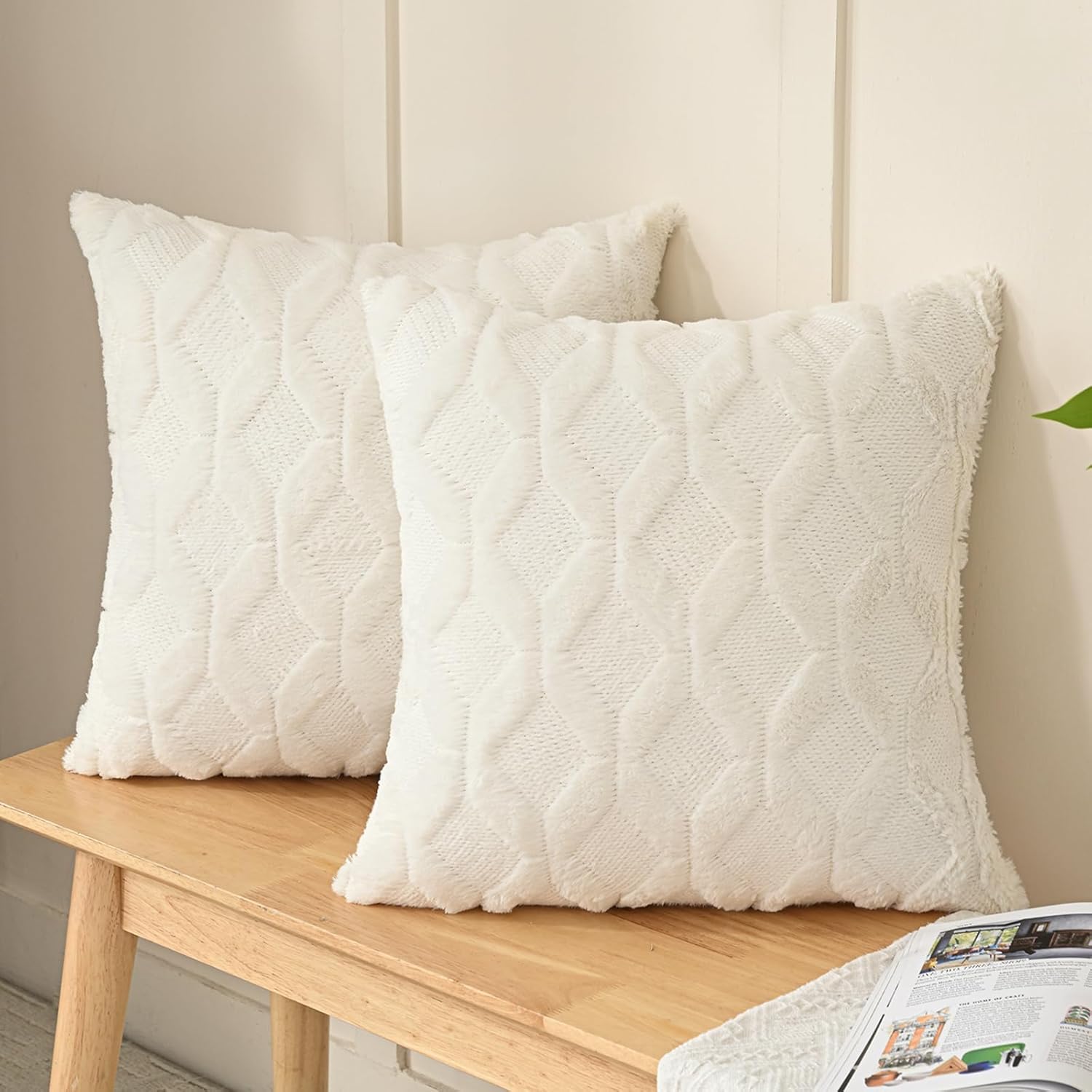 Volcanics Pack of 2 Faux Wool Throw Pillow Covers 20x20 Inches Decorative Farmhouse Velvet Couch Pillow Case Soft Plush Square Boho Cushion Pillowcase, Cream Beige - Image 2