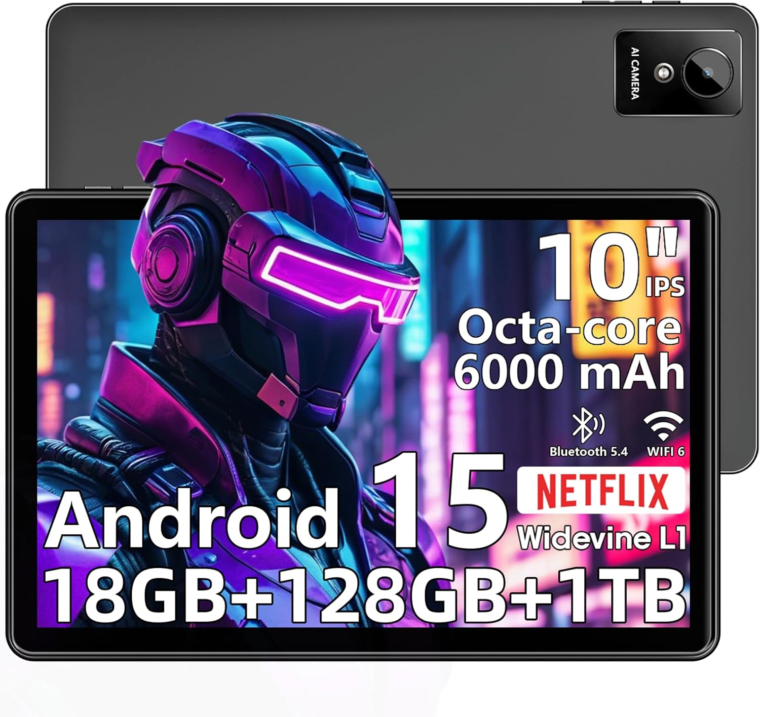 Tablet 10 inch Android 15 Tablets, 18GB RAM 128GB ROM 1TB Expand, Octa-Core Processor, 1280x800 LCD Touch Screen, WiFi 6, Dual Camera 5MP+8MP, BT5.4, 6000mAh Battery, GPS