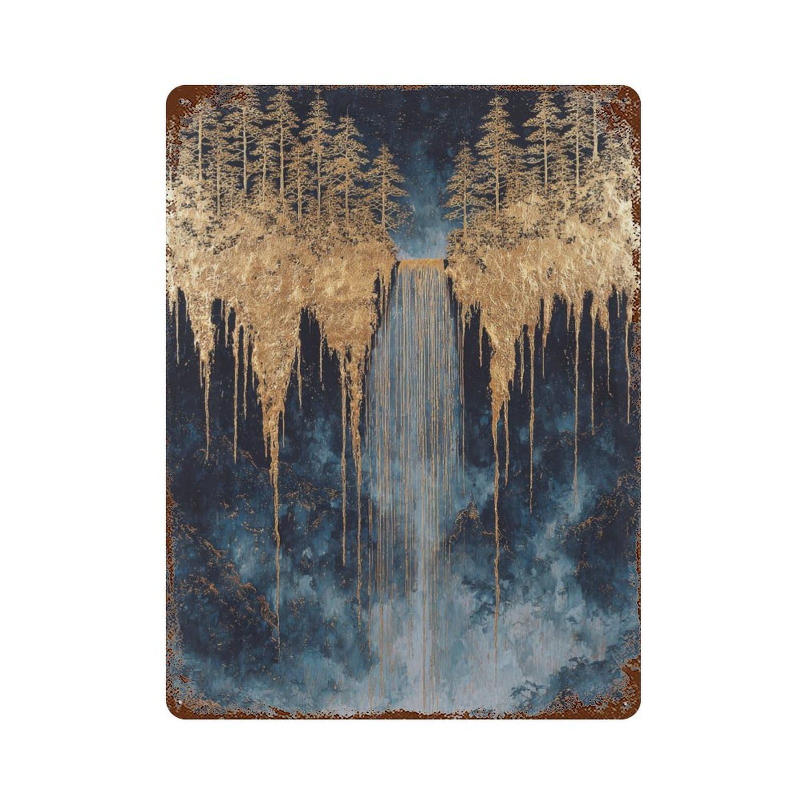 Golden Forest Waterfall Painting Decorative Tin Sign 15.7"x11.8", Vintage Wall Decor for Garage, Pub Or Kitchen