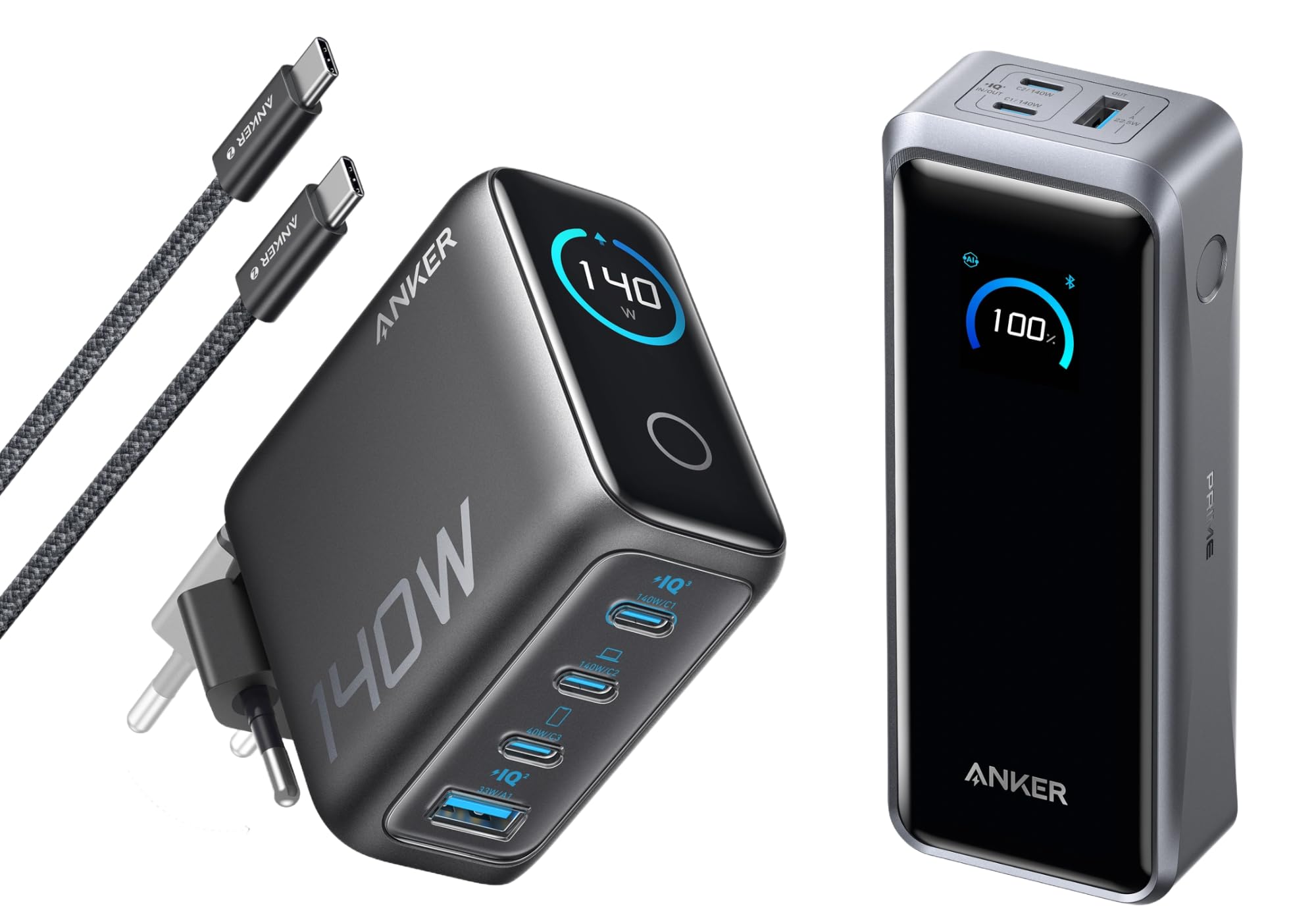 Anker Caricatore (Laptop, 140W USB C, 4-Port) & Anker Prime Power (26250 mAh, 300W, 3 Porte)