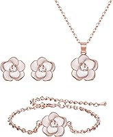 EleQueen 14K Rose Gold Plated Rose Flower Necklace Earrings Bracelet Set - Hypoallergenic Jewelry Gift for Women