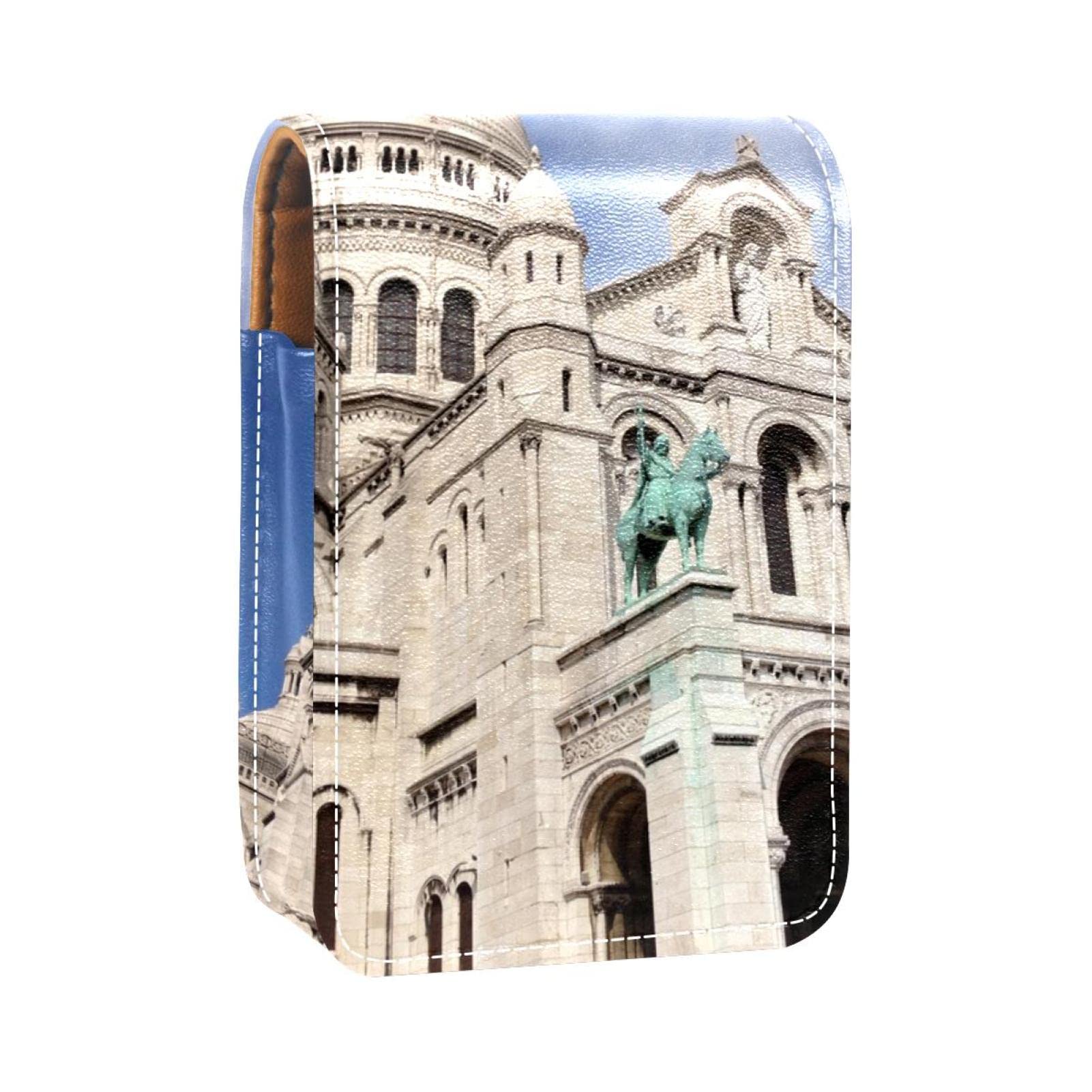 Portable Lipstick Case for Traveling,Mini Lipstick Storage Box with Mirror for Women Ladies, Leather Cosmetic Pouch sacre cur Basilica Pattern