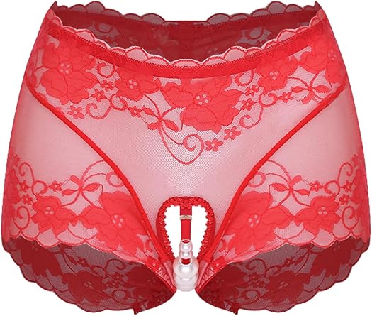 Adult Women Underwear Low Waist Faux Pearl Crotch Sheer Floral Lace Boxer Briefs Beaded Thongs