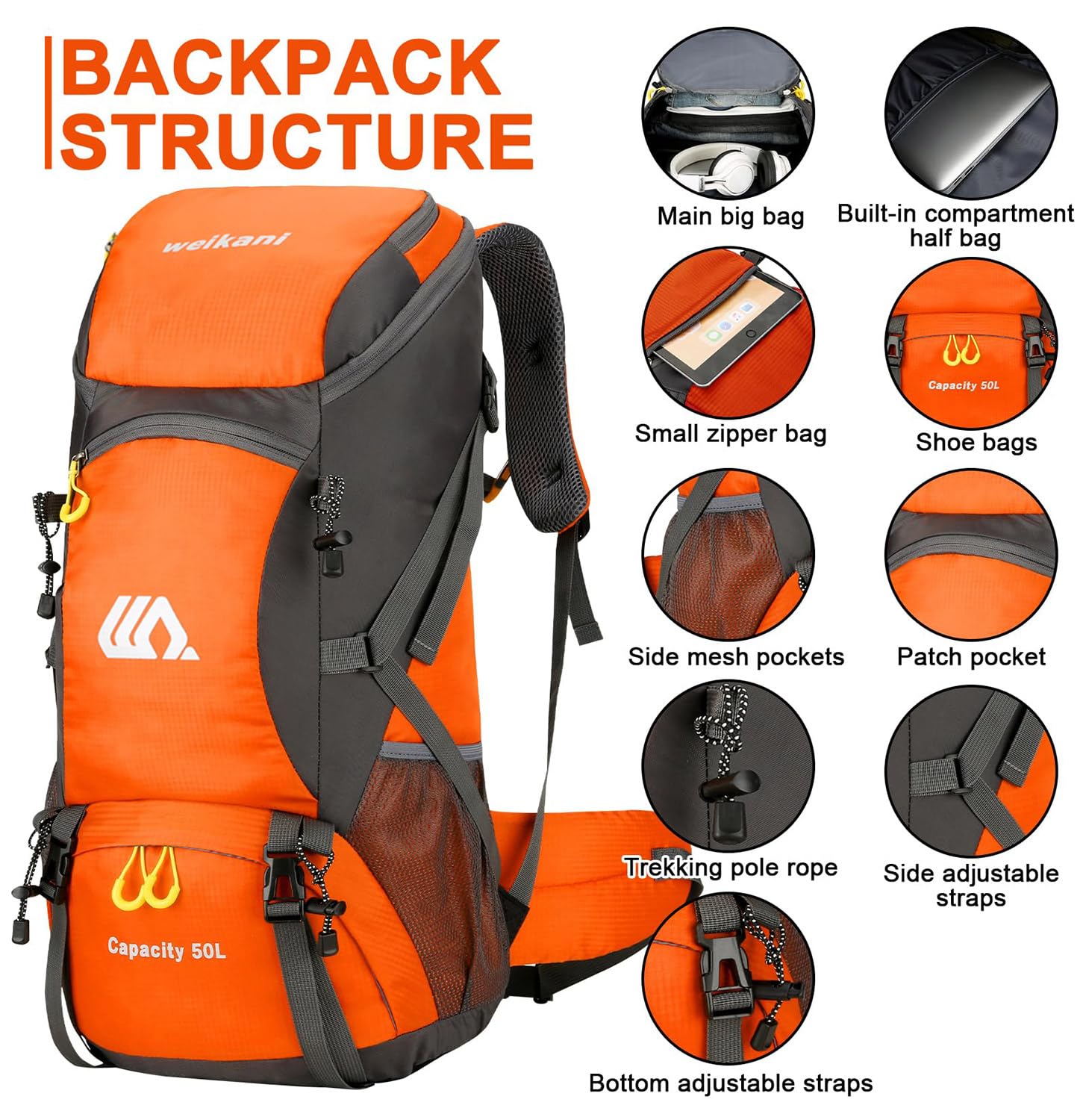 Jianyana Zaino Trekking 50L, Zaini da Escursione Impermeabile Resistenza allo Strappo Zaino da Viaggio all'aperto Zaino Campeggio Montagna con Copertura Antipioggia per Uomo Donna