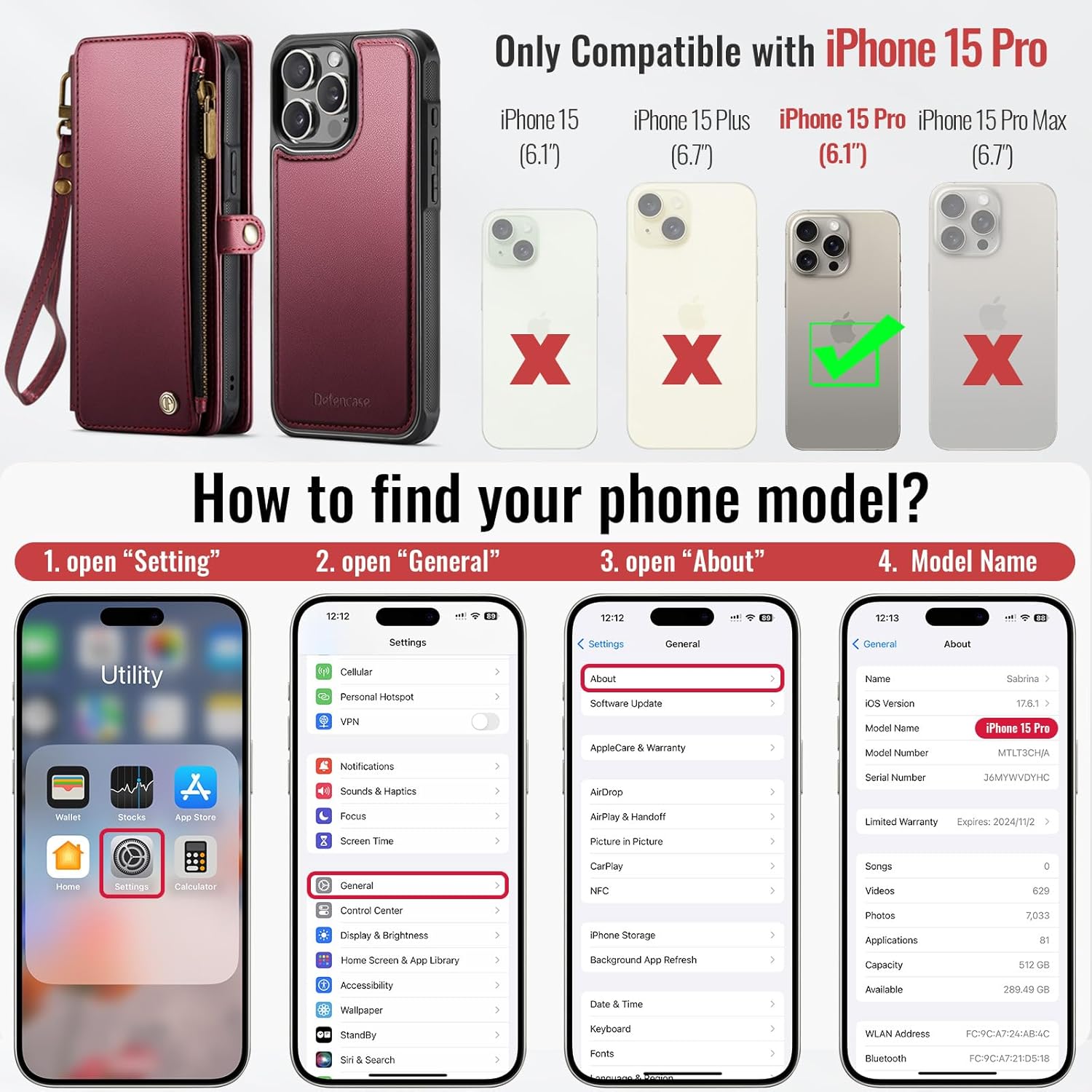 Defencase for iPhone 15 Pro Magnetic Wallet Case Compatible with Magsafe with RFID Blocking Zipper Strap Card Holder for Women, PU Leather Detachable Phone Case for iPhone 15 Pro (6.1 inch), Wine Red
