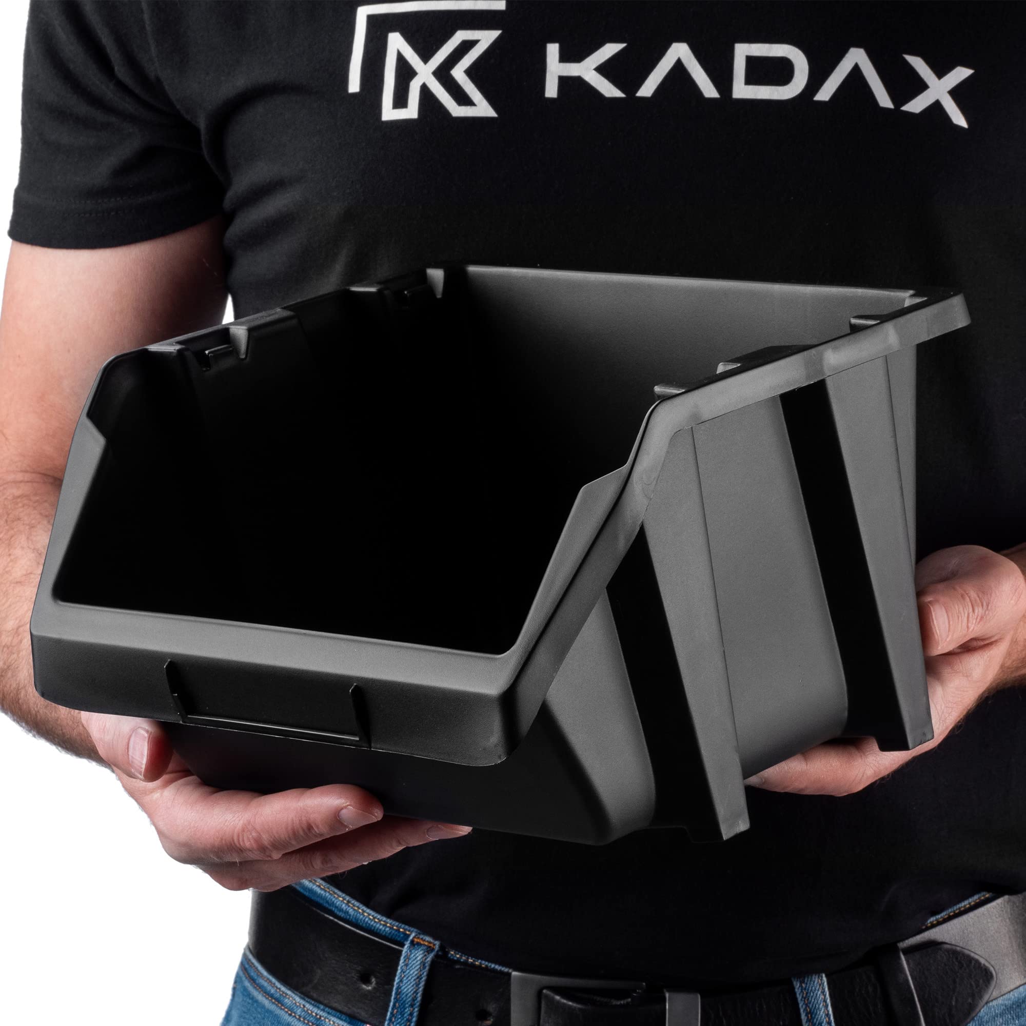 KADAX Caja apilable para taller, pequeña caja clasificadora de plástico PP, en diferentes tamaños y colores, cajas de almacenamiento para pared (negro, juego de 20 unidades, 272x238 mm)