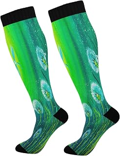 874 Crew Athletic Socks Depicting Dandelions Grass Flying Green Running Socks Long Calf Socks Casual Walking Socks For Sports Travel Running 40cm