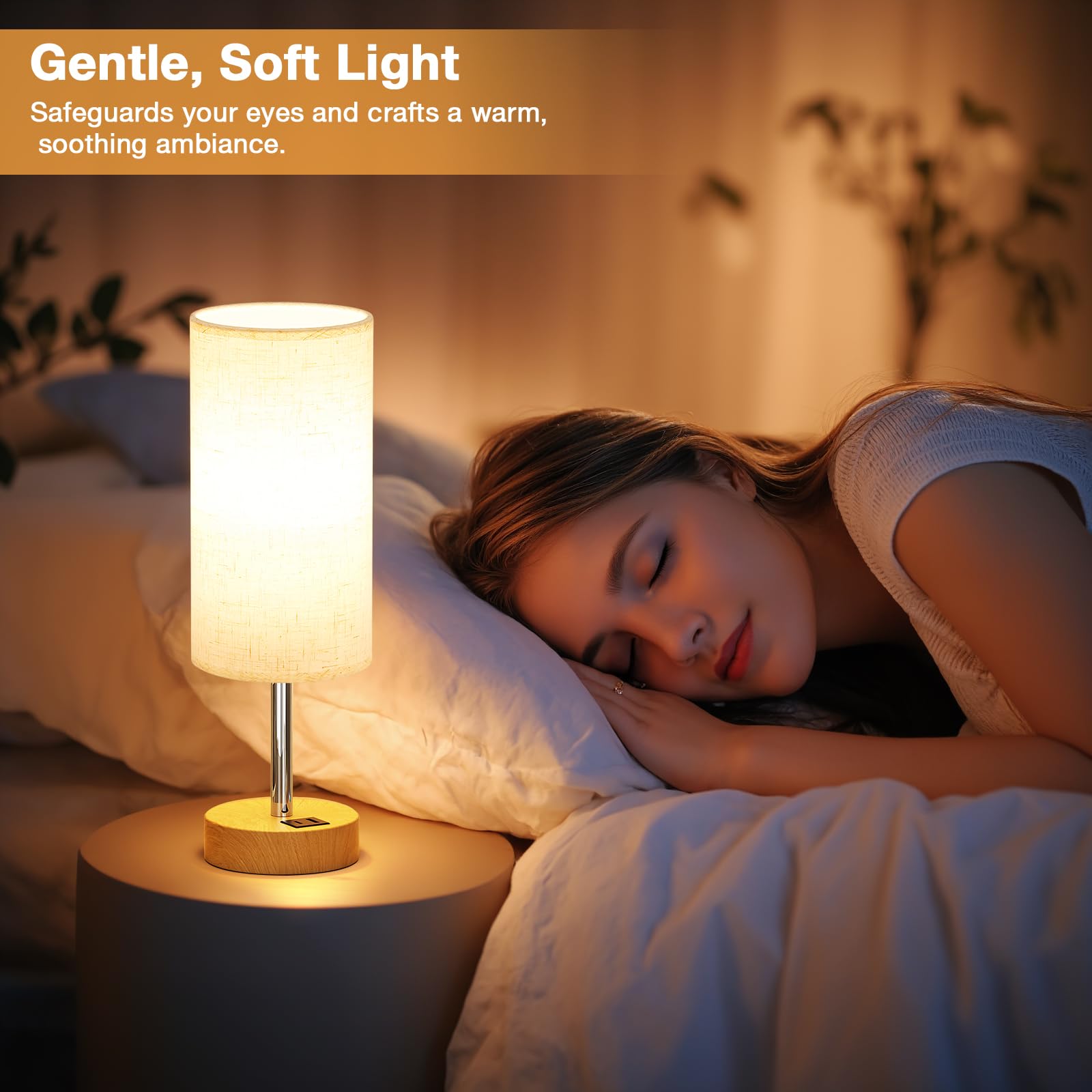 Aooshine Bedside Lamps, Table Lamp for Living Room Bedroom, Touch Lamps Bedside with USB A+C Charging Ports, Dimmable Small Lamp with Fabric Shade for Kids Room, Study, Dorm, Office(Bulb Included) — view 5