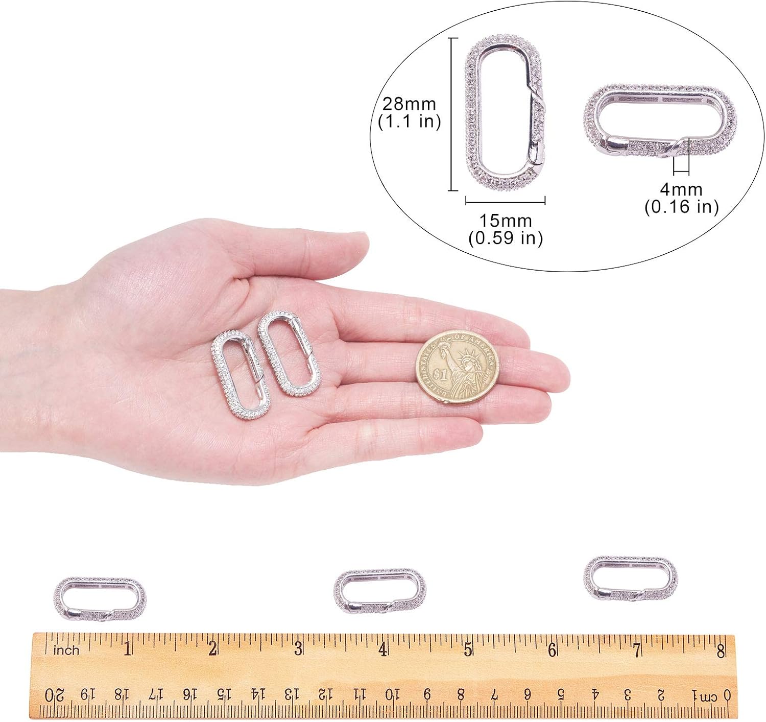 LiQunSweet 5 Pcs Micro Pave Cubic Zirconia CZ Stone Spring Gate Rings Oval Shape Snap Hook Clasp Buckle Bulk Lot for Jewelry Pendant Necklace Making DIY Craft Keychain Bag Strap Connector - 28mm